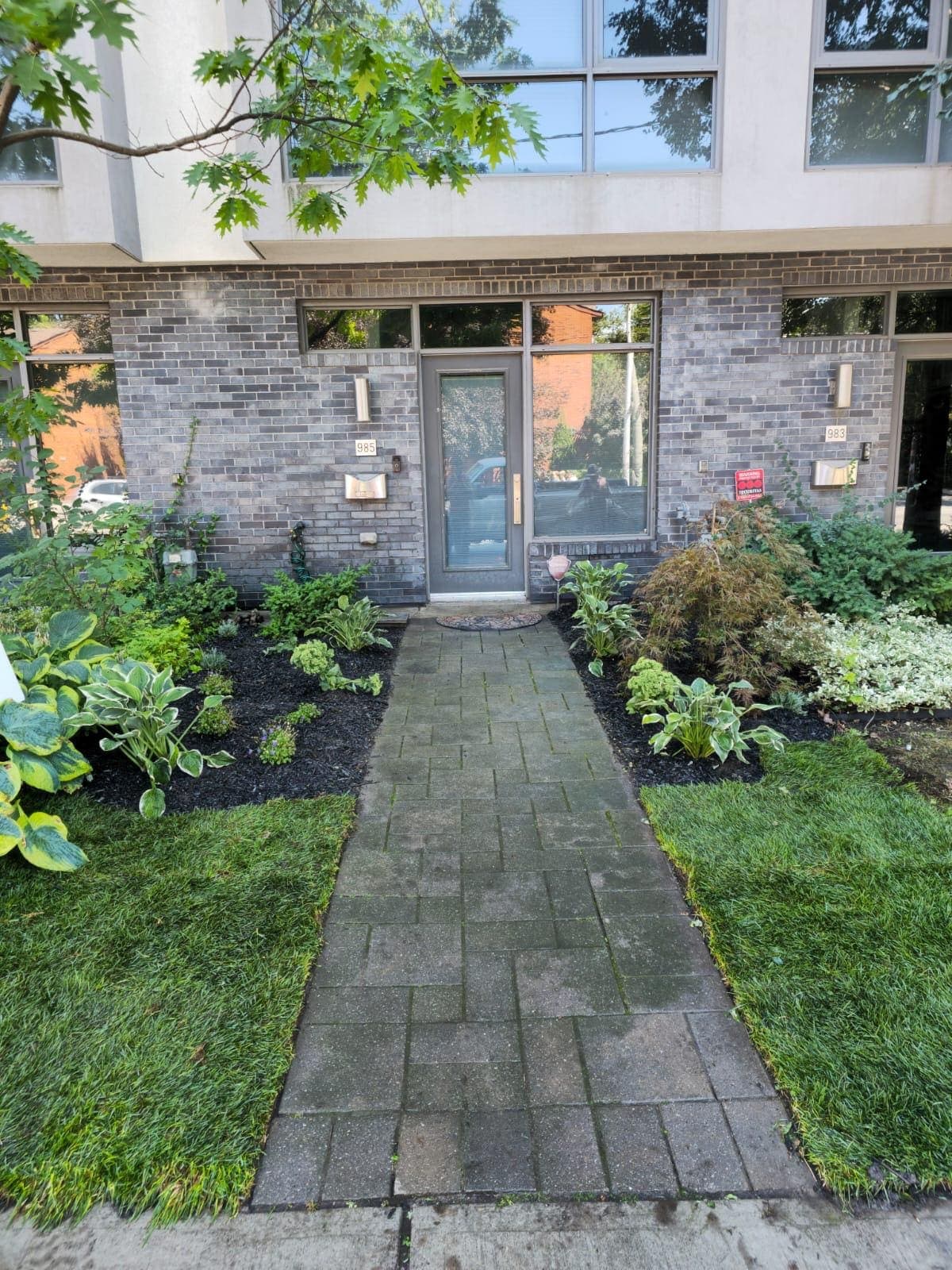 Paver front walkway to a brick townhouse entry with new sod and garden beds